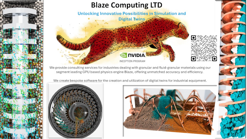 Gráfico de Blaze Computing LTD, con simulaciones de materiales granulares, un guepardo renderizado en malla que simboliza la velocidad, y un código QR junto al logotipo de NVIDIA Inception. El texto destaca el motor físico basado en GPU de Blaze para simulaciones precisas y eficientes, así como su software personalizado de gemelos digitales para equipos industriales.