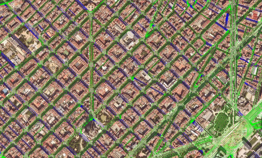 Captura de pantalla de la plataforma PIKSEL de CIMNE que muestra una simulación de contaminación sobre el distrito del Eixample de Barcelona. La imagen muestra una vista de satĆ©lite de la cuadrĆcula urbana, con calles resaltadas en lĆneas azules y verdes. Los niveles de contaminación se visualizan en toda el Ć”rea, con superposiciones codificadas por colores que indican concentraciones variables. Se ve un gran espacio verde en la esquina inferior derecha, que sugiere un parque o jardĆn. La simulación ilustra datos ambientales dentro del icónico layout de la ciudad.