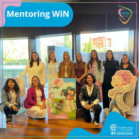 Group of women researchers participating in the “Mentoring WiN” activity. The image includes the logos of “WiN Spain” and “Cáceres 2025 – 51st Annual SNE Meeting,” indicating the event’s context.