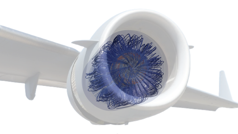 Close-up of a jet engine mounted on an aircraft wing, with a superimposed fluid dynamics visualization showing airflow streamlines in blue and orange. The simulation illustrates airflow behavior as it enters the engine, combining real-world aerospace engineering with computational analysis. The aircraft structure and engine details are clearly visible, emphasizing the integration of simulation and design.