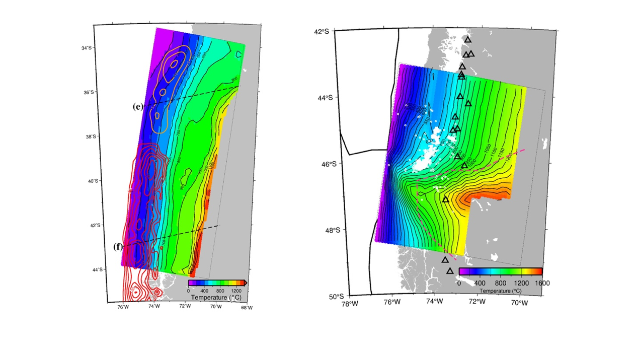 Two 3-D thermomechanical maps of southern Chile’s subduction zones showing temperature distributions (°C) along the Nazca and Antarctic plate interfaces: the left panel depicts the southern Chile megathrust zone spanning the 2010 Maule and 1960 Valdivia earthquake rupture areas with a color gradient from blue (cooler) to red (hotter) and contour lines for temperature isotherms, while the right panel illustrates the Chile Triple Junction (CTJ) region, highlighting thermal contrasts between the Nazca and Antarctic slabs, slab window effects, and dehydration patterns correlated with volcanic (marked by black triangles) and tremor activity, both emphasizing the influence of thermal structure and dehydration on seismic and magmatic processes.