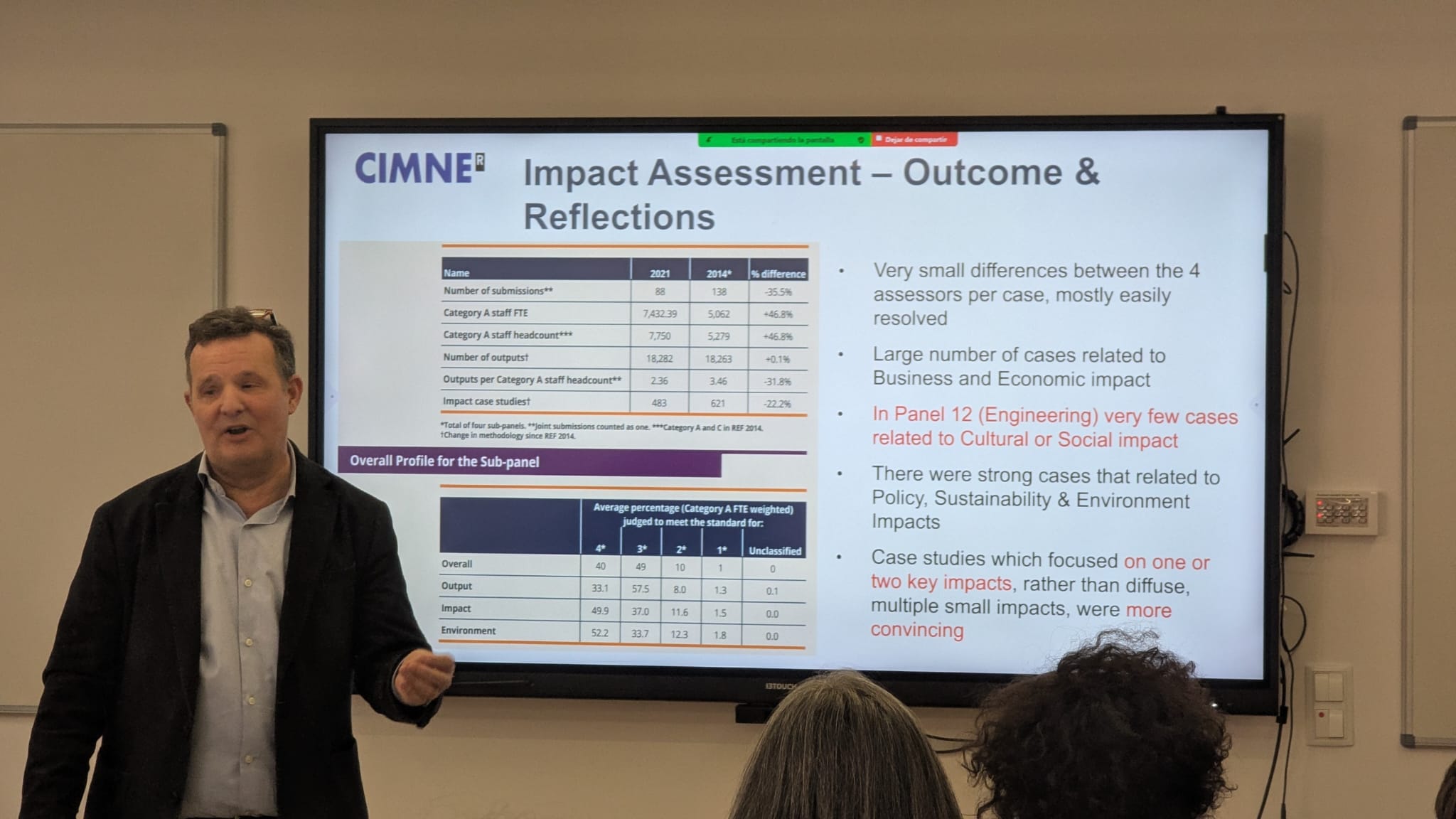 Photograph of Prof. Javier Bonet, Director of the International Centre for Numerical Methods in Engineering (CIMNE), during a presentation on 'Impact Assessment – Outcome & Reflections'. Professor Bonet is standing, presenting in front of a large screen displaying comparative data and conclusions on research impact evaluation. The slide includes tables with figures on the number of presentations, research staff, results, and case studies, as well as a list of key points regarding differences between assessors, economic and social impact, and the importance of case studies focused on one or two main impacts. In the background, some attendees can be seen, and the setting is a professional conference room.