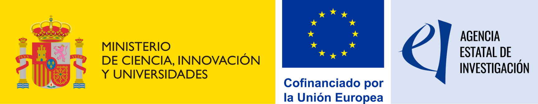 Official banner featuring three logos: On the left, the emblem and coat of arms of the Spanish Ministry of Science, Innovation, and Universities, displayed on a yellow background with the text 'MINISTERIO DE CIENCIA, INNOVACIÓN Y UNIVERSIDADES' in black. In the center, the blue flag of the European Union with a circle of 12 gold stars and the text 'Cofinanciado por la Unión Europea' in blue below it. On the right, the logo of the 'Agencia Estatal de Investigación' with a stylized blue 'e' and the text 'AGENCIA ESTATAL DE INVESTIGACIÓN' in black on a light gray background.
