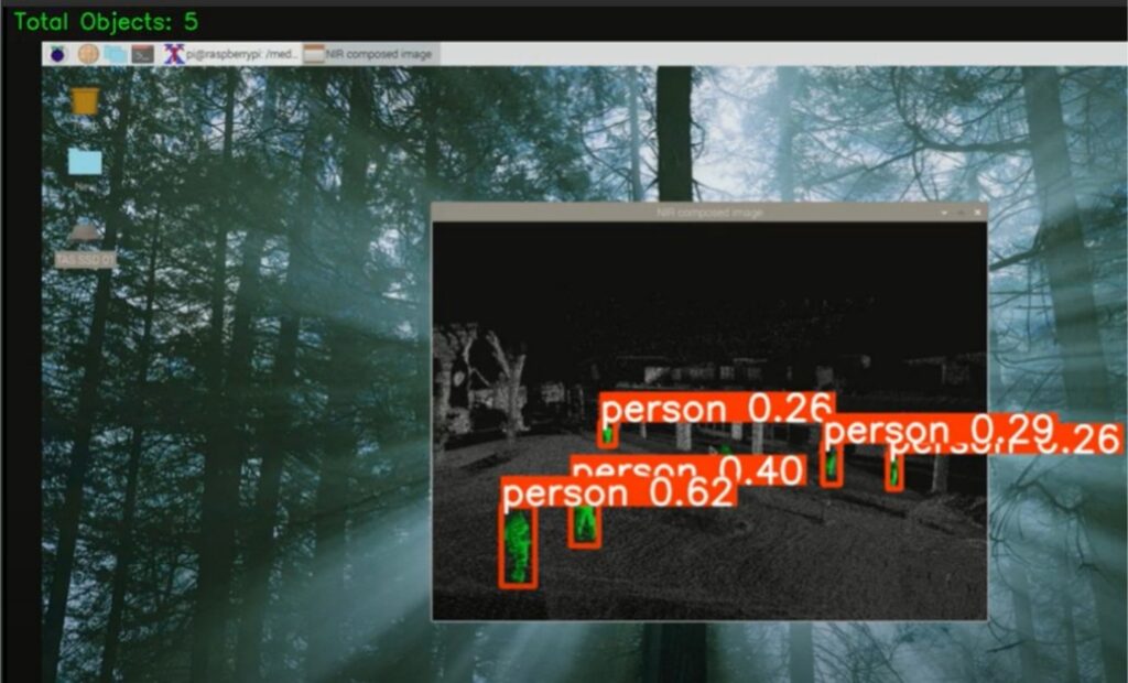 A computer desktop showing a forest wallpaper and an open window titled “NIR composed image.” The window displays a near‑infrared scene with five detection boxes labeled “person,” each with a confidence score. At the top, green text reads “Total Objects: 5.”