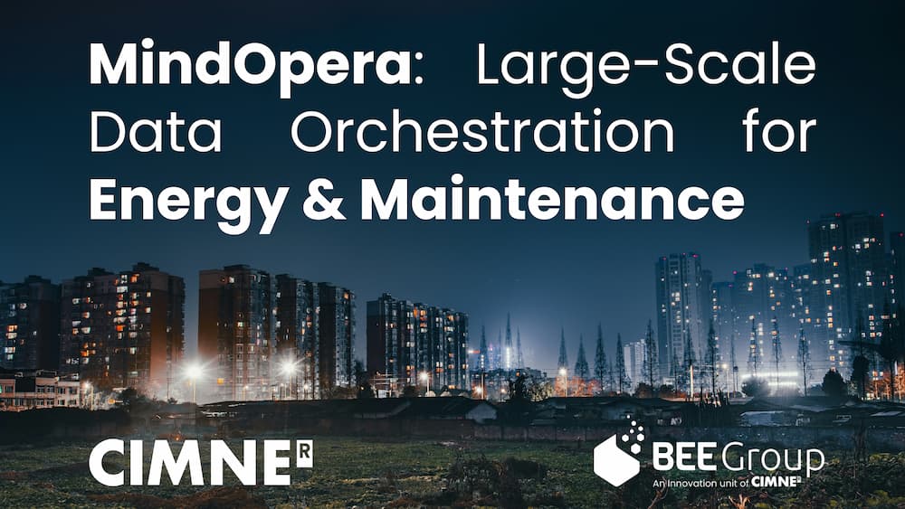 Nighttime city skyline with illuminated high‑rise buildings and a grassy foreground, overlaid with the text “MindOpera: Large‑Scale Data Orchestration for Energy & Maintenance – CIMNE – BEE Group, an innovation unit of CIMNE”.