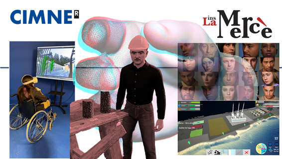 Promotional collage for the CIMNE seminar “Technologies of video games and animation to enhance the dissemination of numerical simulations.” The image combines the CIMNE and IES La Mercè logos with screenshots and renders representing the seminar’s three main themes: an accessible virtual reality scene with a wheelchair user, a hyperrealistic digital human avatar in a virtual environment, AI-generated human faces for NPC interaction, and a coastal simulation or game-like visualization related to shoreline dynamics. The composition highlights the use of video game engines, virtual reality, digital humans, animation, and interactive simulations for scientific communication and human-centred digital innovation.
