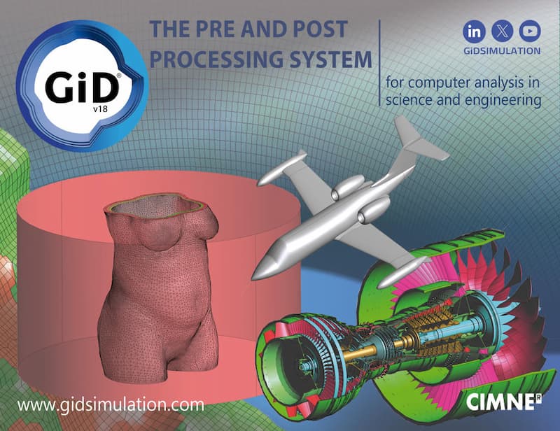 Bàner promocional de GiD v18 amb models d’enginyeria 3D: un tors humà mallat dins d’un domini cilíndric, un model metàl·lic d’avió i una turbina detallada amb components interns multicolors. El fons mostra un patró de quadrícula amb degradat, amb les icones de LinkedIn, YouTube i GiD Simulation en una cantonada, i els logotips de CIMNE i gidsimulation.com a la part inferior.