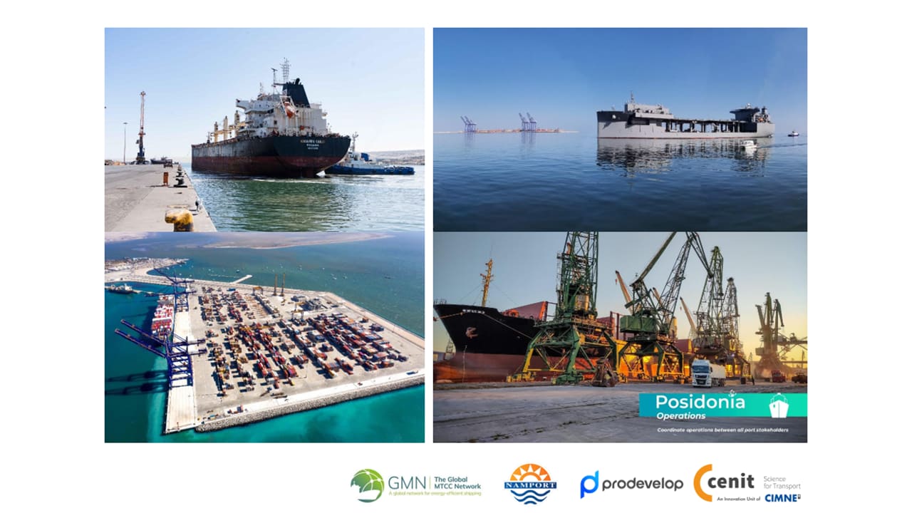 Collage de quatre imatges que mostra vaixells de càrrega, grues i terminals de contenidors en diferents entorns portuaris. A la part inferior hi apareixen els logotips de GMN, Namport, Prodevelop i CENIT, juntament amb una etiqueta amb el text «Posidonia Operations – Coordinació de les operacions entre tots els agents portuaris».