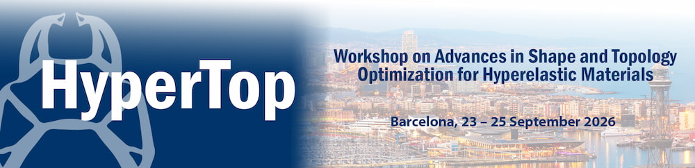 Banner del workshop HyperTop 2026 amb el logotip sobre fons blau i una imatge del litoral de Barcelona. El text anuncia el Workshop on Advances in Shape and Topology Optimization for Hyperelastic Materials, que se celebrarà a Barcelona del 23 al 25 de setembre de 2026.