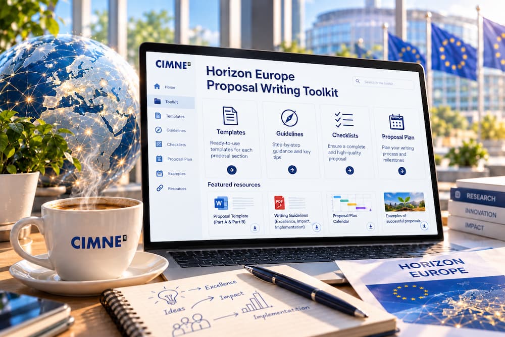 Laptop displaying the CIMNE Horizon Europe Proposal Writing Toolkit, surrounded by a coffee cup with the CIMNE logo, a digital globe, research documents and EU flags in the background. 