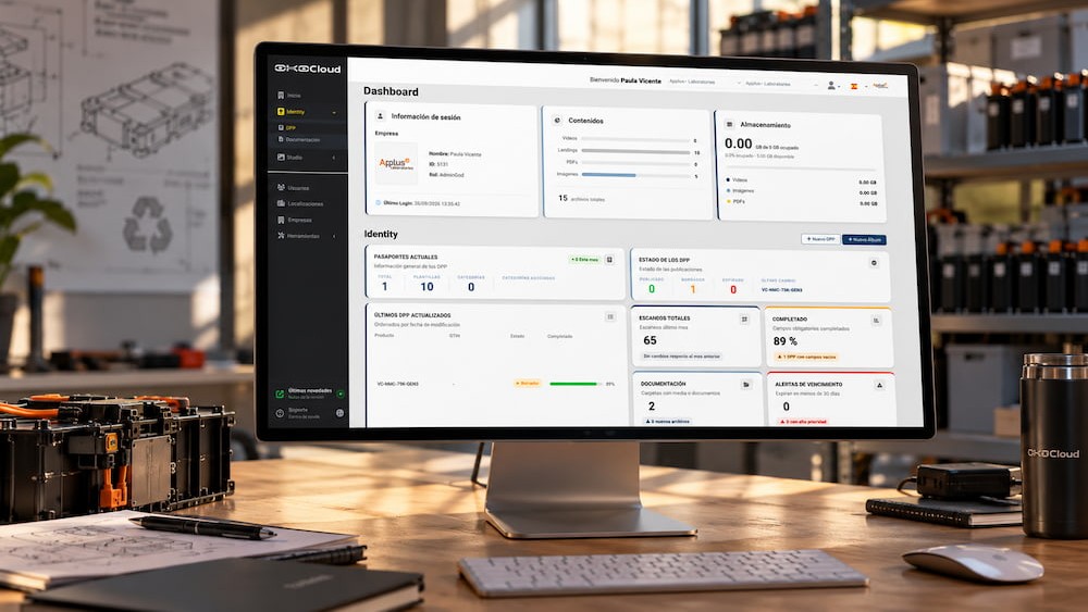 Monitor d'ordinador que mostra el quadre de comandament de la plataforma digital OKOCloud sobre una taula en un espai de treball industrial, envoltat de components de bateries i equips tècnics. El tauler mostra informació sobre passaports digitals de productes, contingut, emmagatzematge, documentació i estat de compliment.